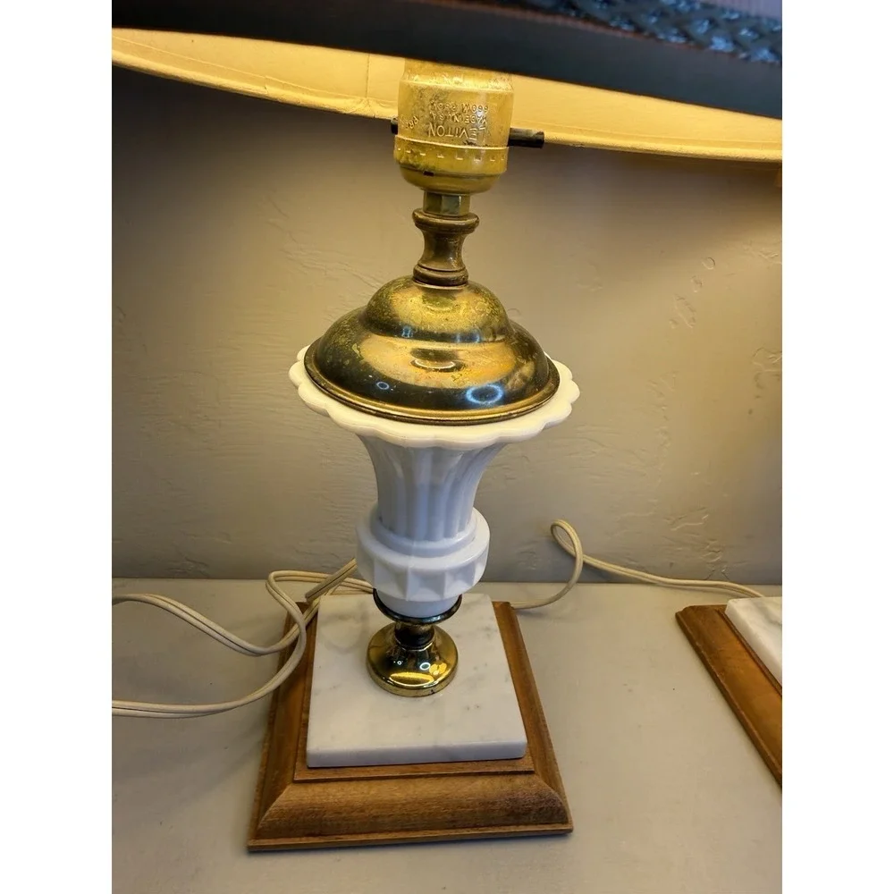 Vintage Milk Glass Brass Urn Table Lamps Marble Wood Base Mid Century Set